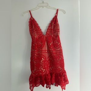 Red Strappy Thick Lace Frill Hem Bodycon Dress size 4